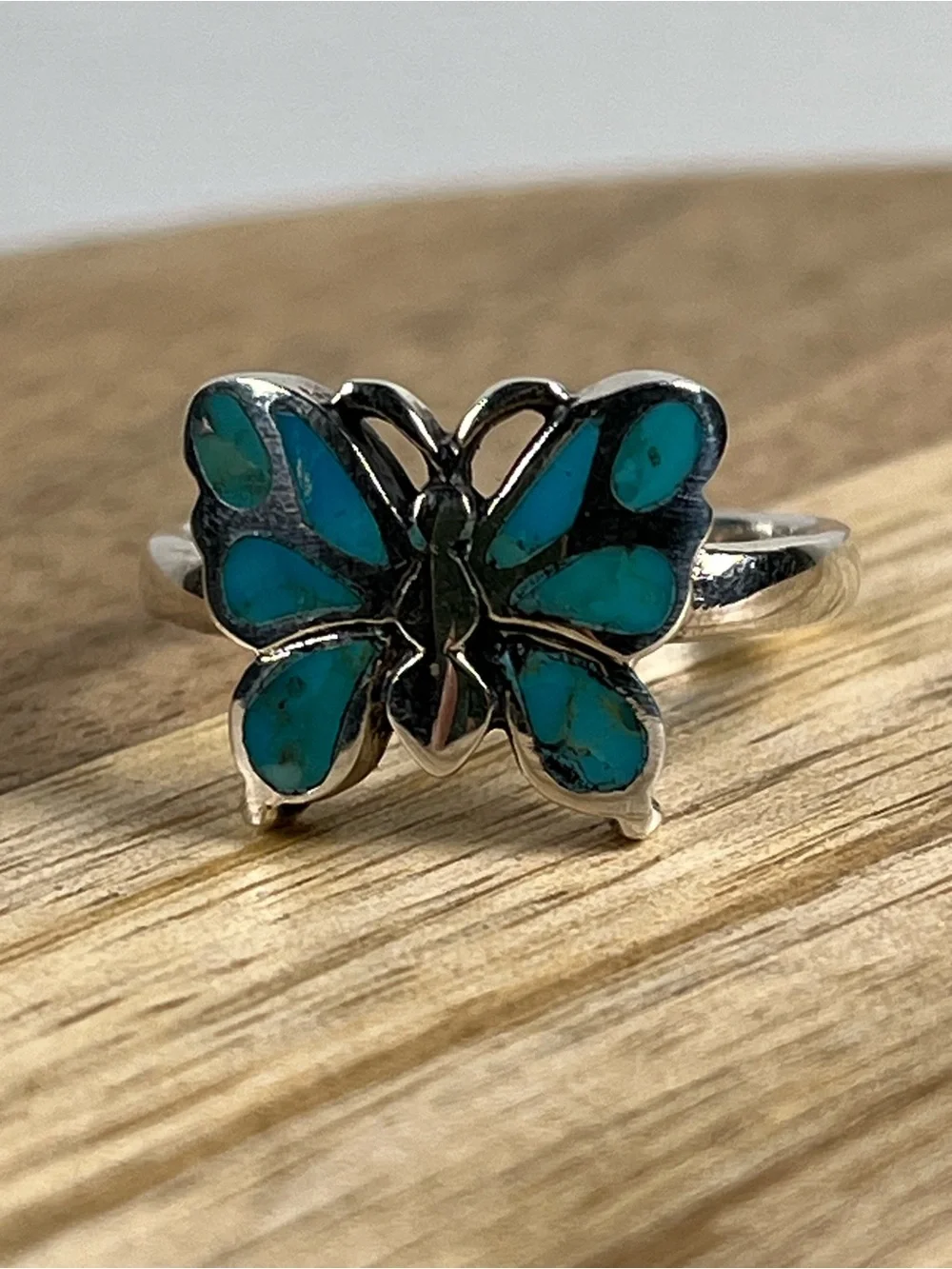 925 Solid Sterling Silver Butterfly Kingman Turquoise Gemstone Ring Size 7